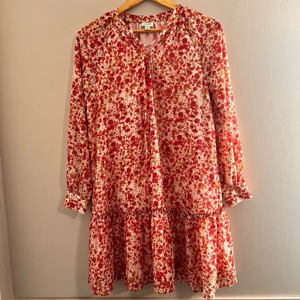 J. Crew Red and White Tiered Bishop Sleeve Dress